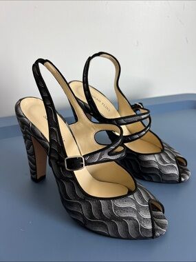 Sarah Flint rachel peep toe heels black and silver geometric pattern 37.5